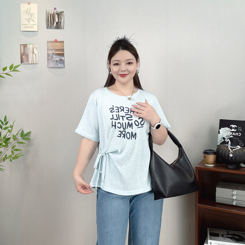 字母印花短袖T恤女大码系带上衣