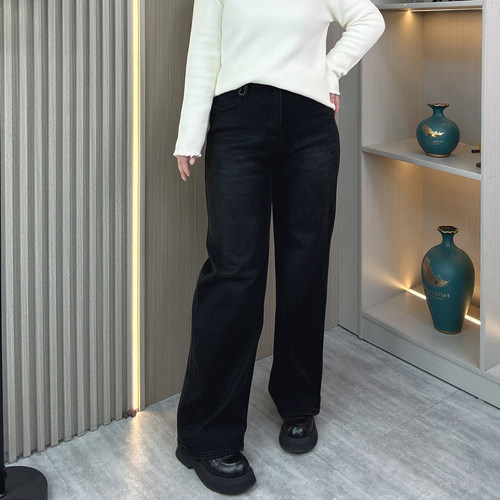 大码女装秋冬加绒保暖黑色牛仔裤