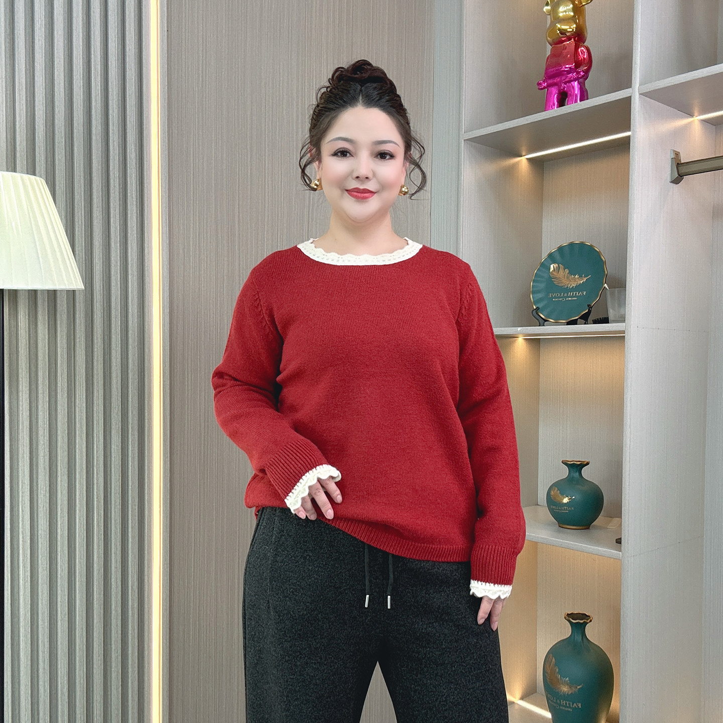 花边领圆领套头毛衣女装秋冬大码