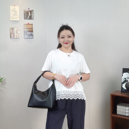 蕾丝拼接短袖T恤女大码开叉上衣
