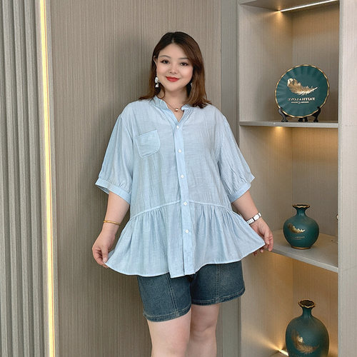 大码夏装天丝中长款慵懒短袖衬衫