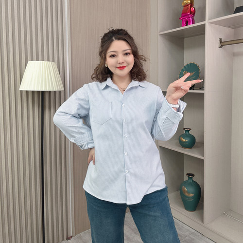 条纹衬衫女大码胖mm春秋新款宽松