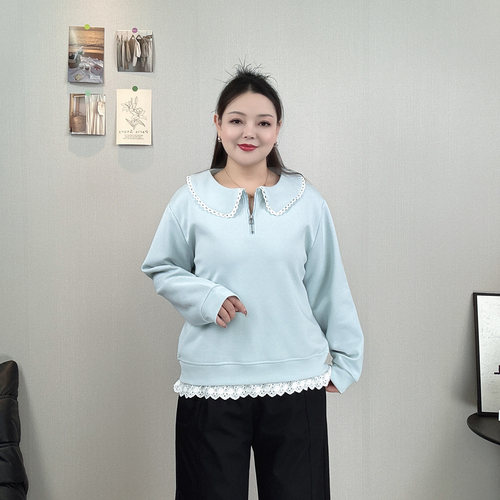 大码蕾丝娃娃领半拉链长袖卫衣女