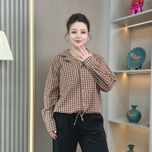 大码 春季 女长袖 复古格子衬衫 显瘦系带港风休闲衬衣胖MM上衣潮 新品