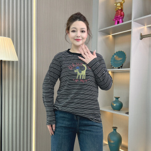 T恤女春季 条纹卡通印花长袖 胖mm宽松显瘦遮肉减龄上衣潮 女装 大码
