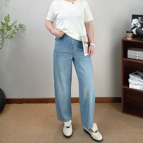 薄款高腰阔腿牛仔裤女大码九分裤