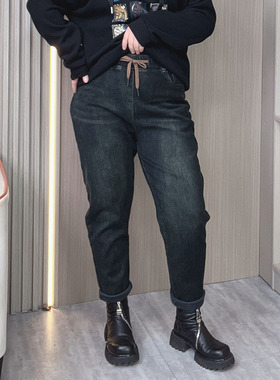 冬装加绒哈伦牛仔裤女2025春秋冬季新款大码宽松显瘦休闲萝卜裤子