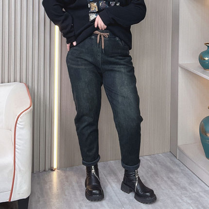 冬装加绒哈伦牛仔裤女2025春秋冬季新款大码宽松显瘦休闲萝卜裤子
