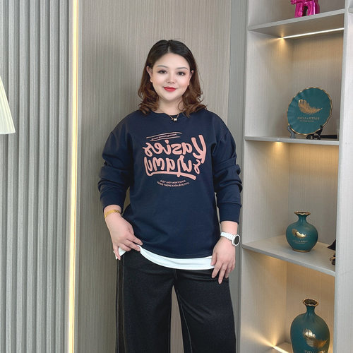 大码胖mm春秋新款假两件宽松卫衣