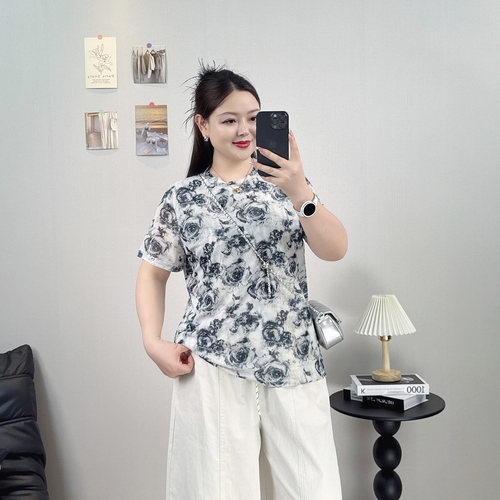 印花T恤女短袖垂感大码网纱上衣