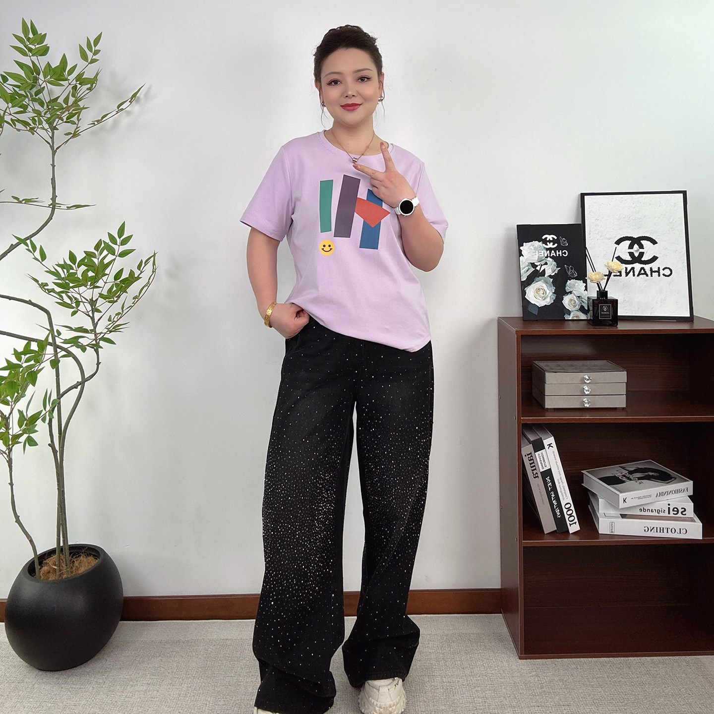 大码女装紫色体恤短袖上衣女夏季新款胖MM宽松显瘦休闲印花T恤衫