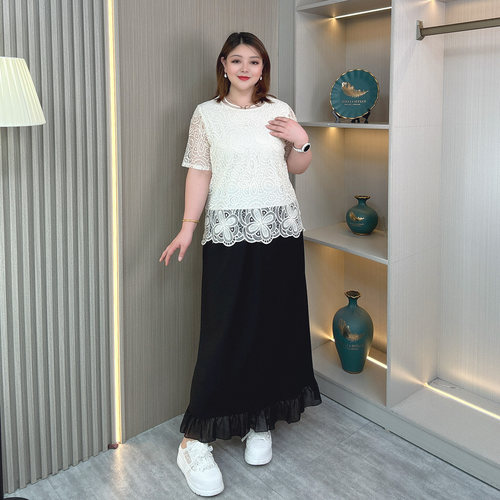 大码胖mm法式杏色圆领蕾丝衫T恤