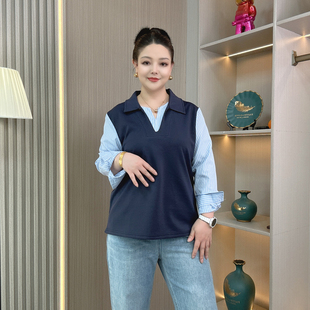 新款 大码 拼接假两件卫衣胖mm春季 轻熟简约衬衫 宽松显瘦上衣潮 女装