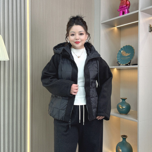 大码女装毛呢拼接白鸭绒羽绒服