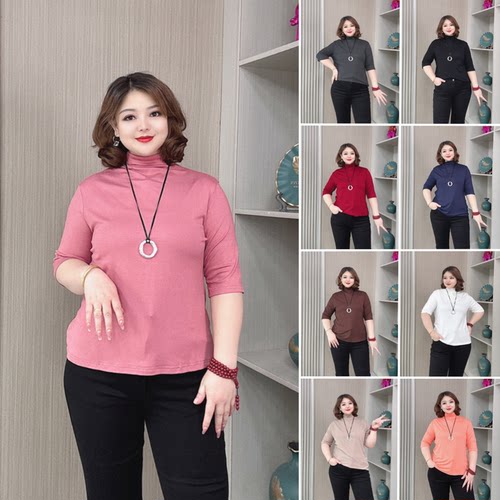 大码春秋冬半高领半袖打底衫女