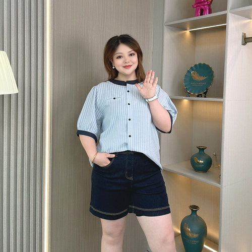大码女装夏季条纹短袖衬衫上衣
