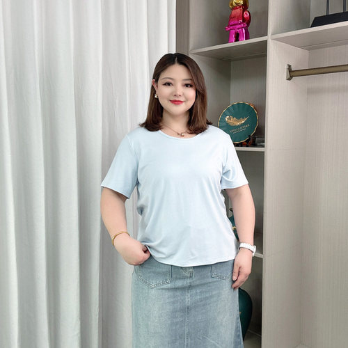 丝光棉面膜短袖T恤女纯色u领大码