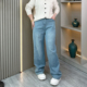 大码 春秋胖mm高腰宽松显瘦直筒阔腿裤 水洗浅蓝色牛仔裤 女2026新款