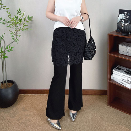 假两件拼接蕾丝屁帘微喇裤女大码