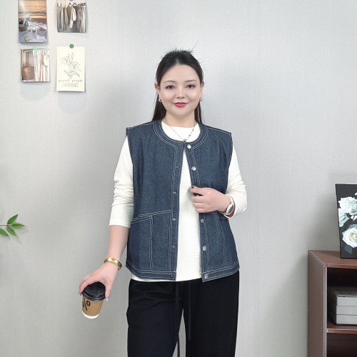 大码胖MM复古明线牛仔马甲女上衣