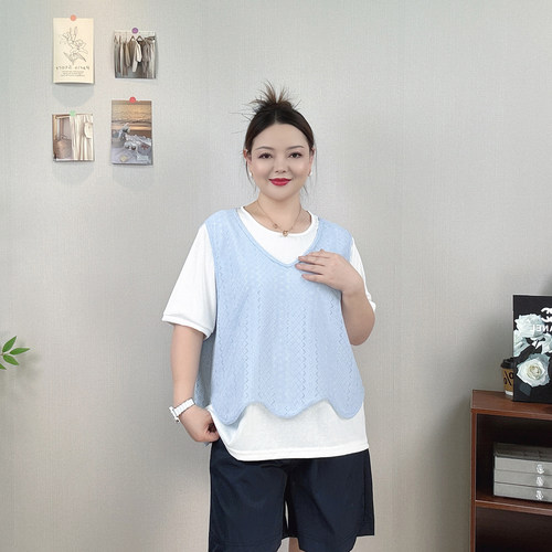假两件叠穿中袖T恤女夏大码上衣