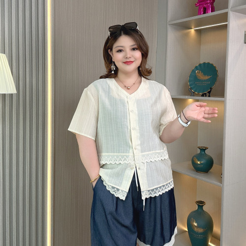 大码胖mm蕾丝花边短袖衬衫女上衣