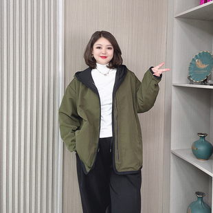 双面穿休闲风衣开衫 春秋连帽拉链中长款 胖mm宽松时尚 大码 外套女装