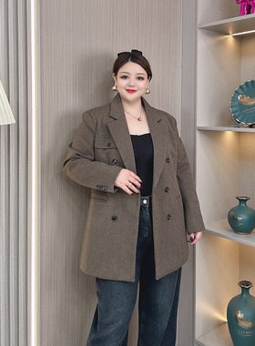 大码冬装新款夹棉加厚毛呢西装外套女胖mm宽松显瘦休闲高级感大衣