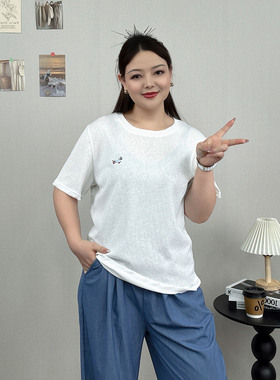 2026夏季新款大码女装小狗刺绣白色短袖T恤宽松显瘦休闲正肩上衣