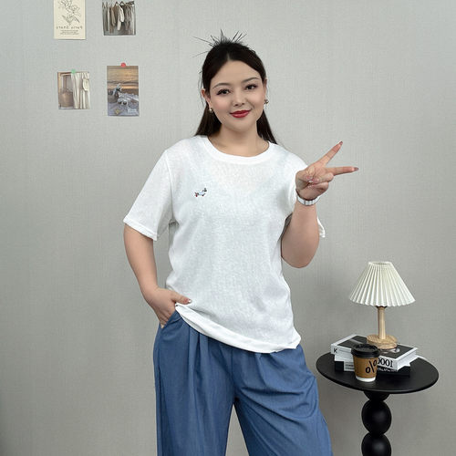 刺绣白色短袖T恤女大码休闲上衣