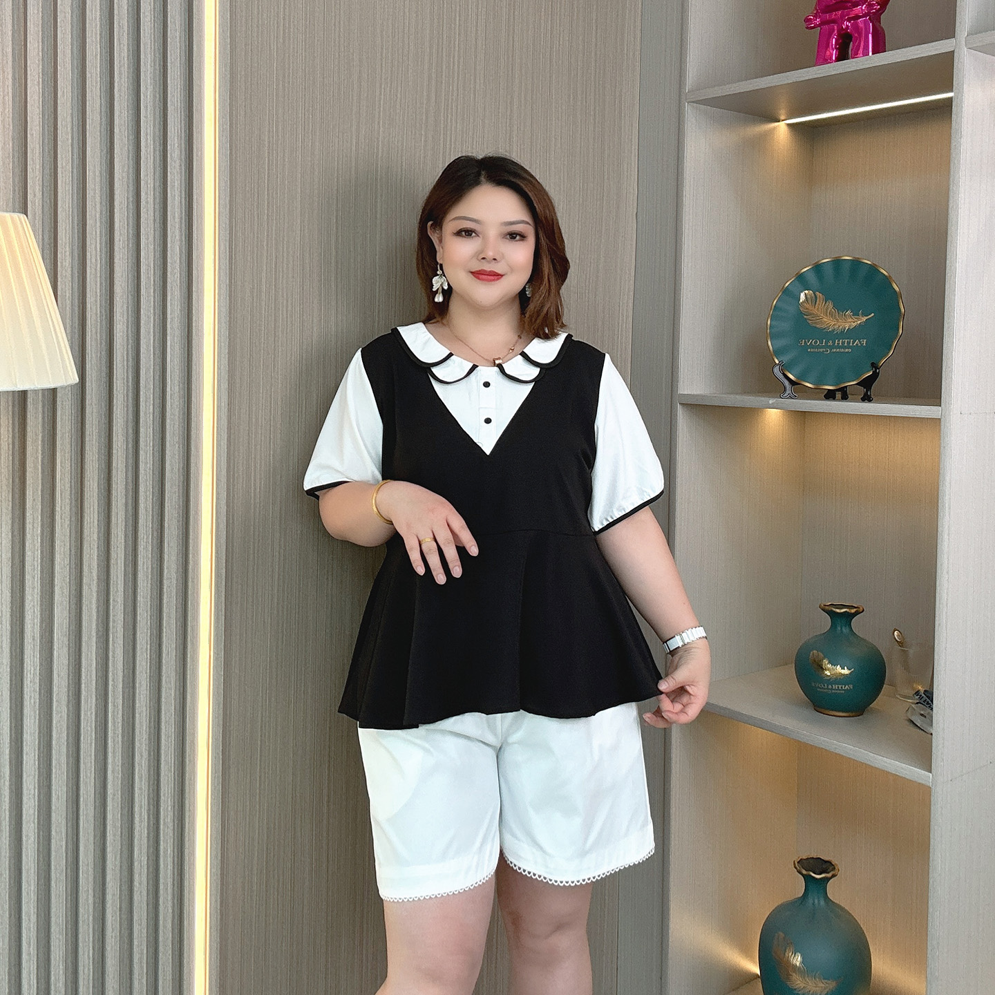 大码女装夏季假两件拼接短袖衬衫