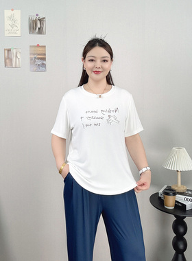 大码胖MM短袖T恤女夏装白色字母印花宽松显瘦遮肚子休闲正肩上衣