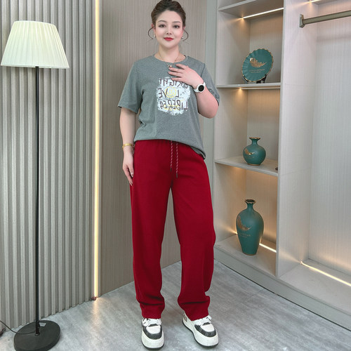 大码女装松紧腰休闲裤女直筒裤子