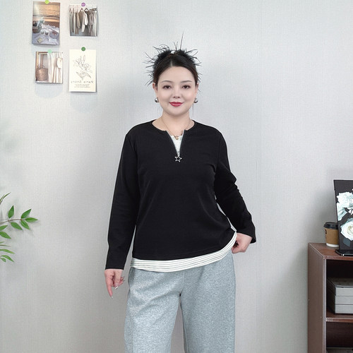 假两件V领半拉链长袖上衣女卫衣