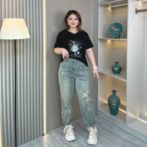 大码女装夏季新款破洞牛仔哈伦裤