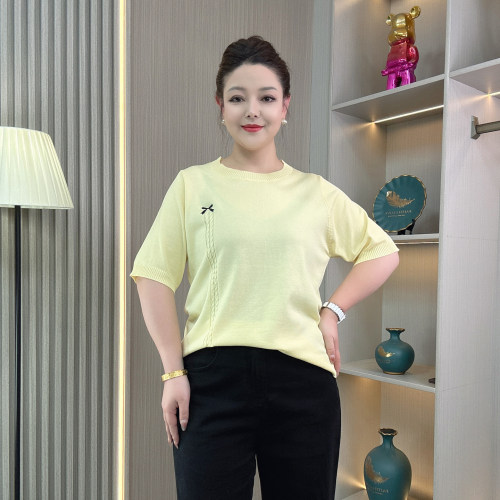 大码冰丝针织刺绣短袖T恤女上衣