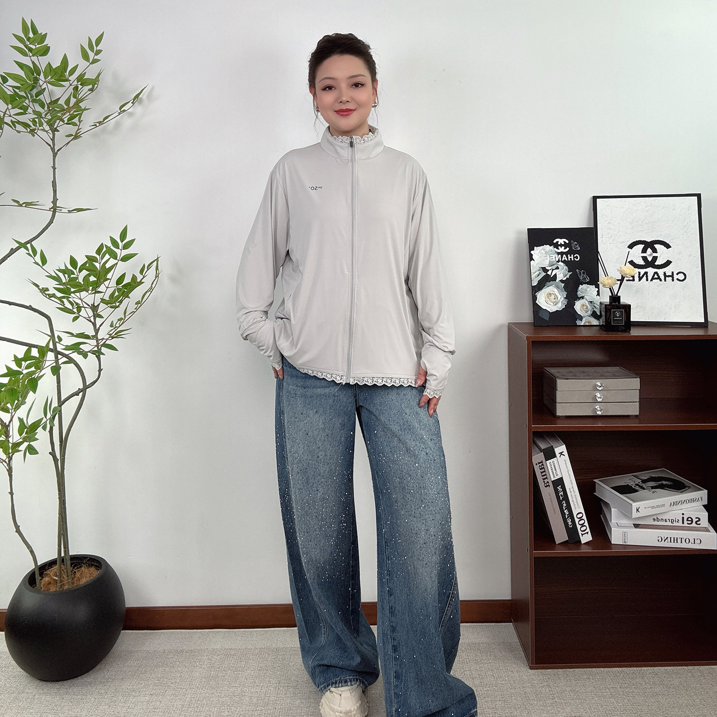 大码蕾丝防晒衣女宽松立领拉链薄款休闲外套胖mm显瘦防紫外线衣服