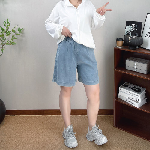 天丝牛仔短裤女大码高腰五分裤子