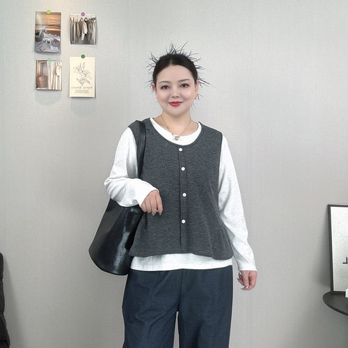 大码女装设计感假两件长袖卫衣女