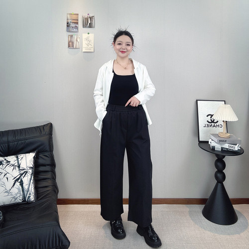 高腰阔腿裤女大码直筒九分休闲裤