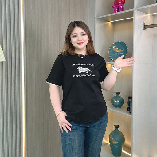 大码正肩宽松全棉蕾丝短袖T恤女