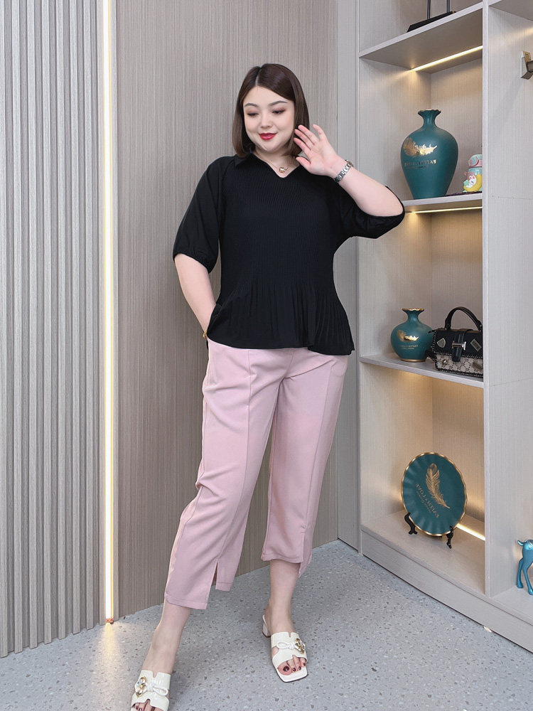 2023 새로운 여름 플러스 사이즈 여성 루즈한 주름 쉬폰 셔츠 슬리밍하고 살을 덮는 심플한 흰색 반팔 탑