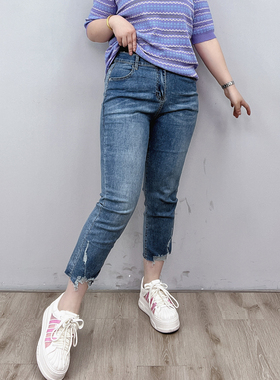 夏季薄款大码弹力牛仔裤女士宽松胖MM裤子显瘦裤脚磨破九分哈伦裤