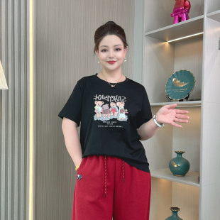 韩版 大码 宽松上衣显瘦减龄小衫 T恤女2026夏季 百搭印花潮 胖mm短袖