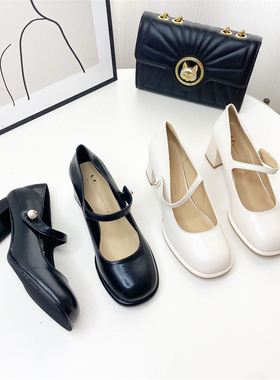 希希家粗跟一字带玛丽珍单鞋舒适洋气复古女鞋202358-1