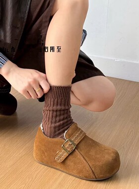 真皮+加绒内增高磨砂皮勃肯鞋一脚蹬皮带装饰圆头409050