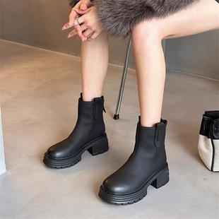 7829 瘦瘦靴6cm高跟后拉链女靴SQ87 韩版 圆头粗跟厚底单里秋冬新款