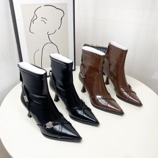 百搭后拉链短靴气质弹力瘦瘦靴M700 女时尚 尖头细跟高跟鞋 新款