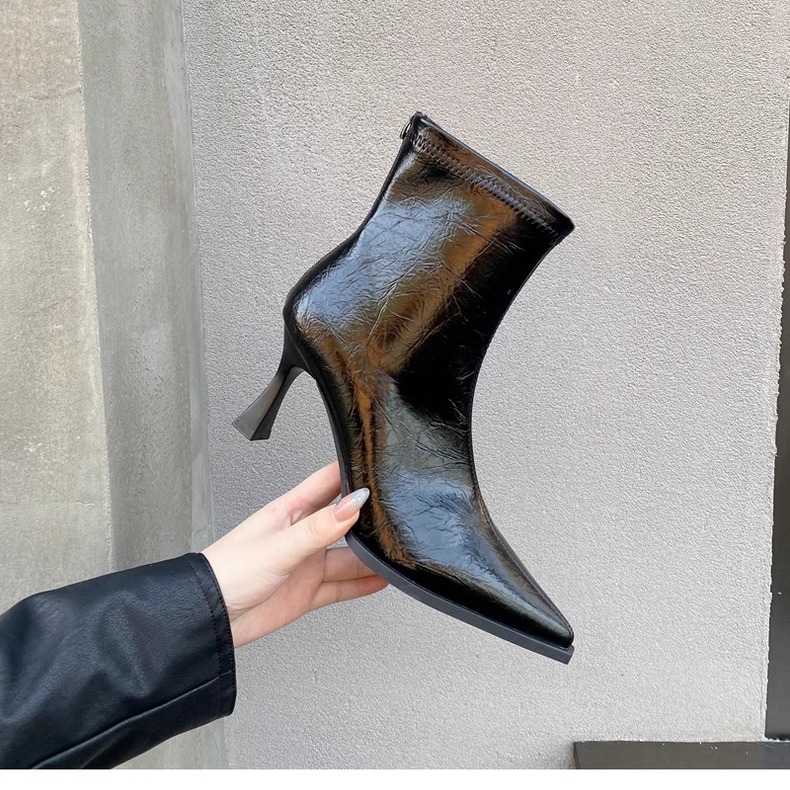 法式后拉链黑色时尚女靴细跟尖头气质名媛冬季G951-589A