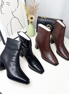 法式尖方头粗跟短靴女气质百搭瘦瘦靴时装靴通勤工作鞋72337